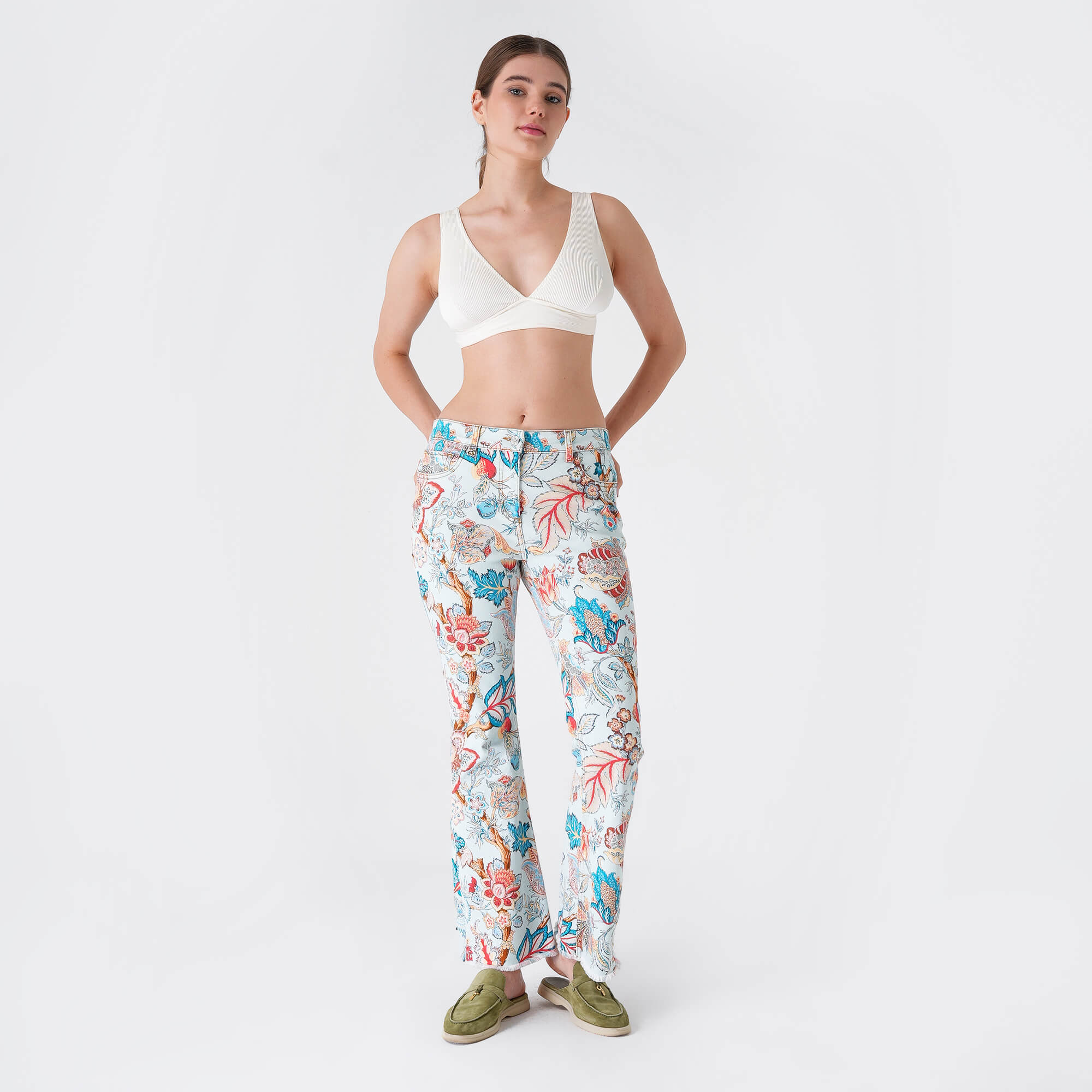 Etro - Baby Blue&Multicolor Floral Flare Pants